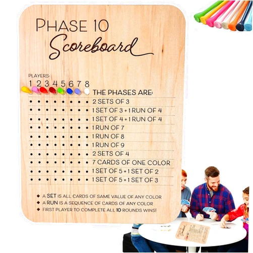 Cyhdddr Phase 10 Score Board, 2025 New Wooden Phase 10 Scoreboard with 8 Colored Pegs for Phase 10 Card Game, Phase Ten Score and Round Tracker Fun Board Games for Families, Adults