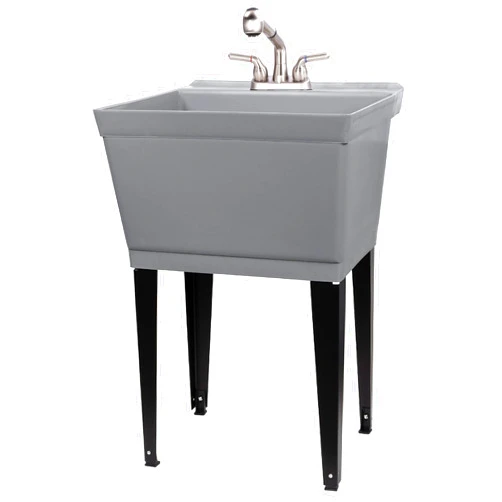 JS Jackson Supplies Grey Utility Sink Laundry Tub With Pull Out Stainless Steel Finish Faucet, Sprayer Spout, Heavy Duty Slop Sinks For Basement, Garage or Shop, Large Free Standing Wash Station Tubs and Drainage