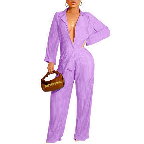 Ekaliy Women's 2 Piece Casual Pleated Outfits Short Sleeve Button Down Shirt High Waist Wide Leg Trouser Sets Suit