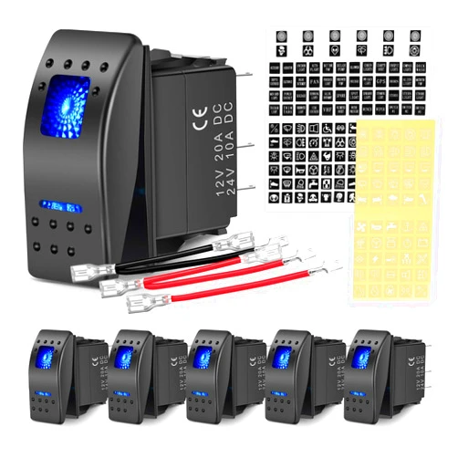 Nilight 6PCS 5PIN SPST Rocker Switches with 6 Sets Jumper Wires Set 20A/12V 10A/24V On/Off Toggle Switches with Night Glow Sticker for Trucks Boats Auto Motorcycles,2 Years Warranty (90131F) , Blue