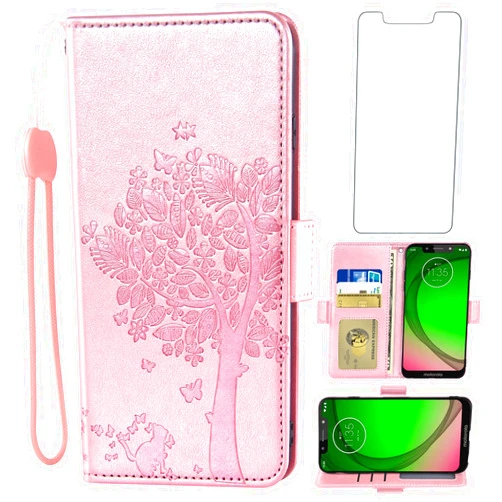 Asuwish Compatible with Moto G7 Play/MotoG7 Optimo XT1952DL/Tmobile Revvlry Wallet Case and Tempered Glass Screen Protector Flip Cell Phone Cover for Motorola MotoG7Play Moto7 G 7 7G G7Play Rose Gold