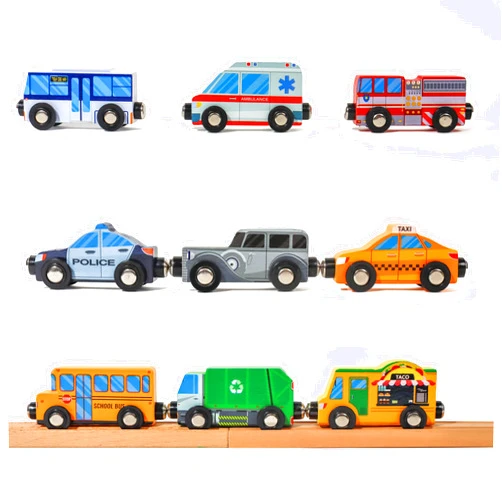 ZANY TRAINS 9 Piece Wooden Cars with Magnets - City Vehicles, Emergency Trucks, School Bus, Police, Fire, Ambulance, Taco Truck Toy - Community Helpers Play Set - Zany Trains