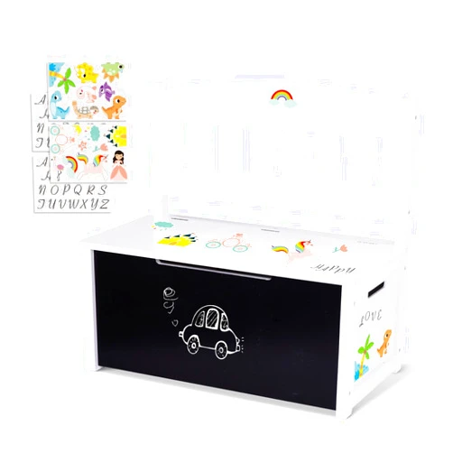 TOOKYLAND Wooden Toy Chest with Safety Hinged Lid for Kids, Toy Organizer and Storage Box with Blackboard, Seating Bench, Personalized Stickers