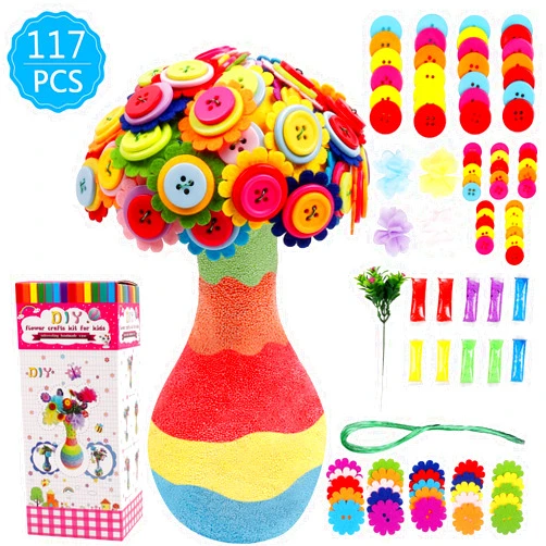 DigHealth DIY Vase with Flowers Craft Kit for Kids, Make Your Own Flower Bouquet by Buttons and Fabric, Crafts and Art Set Gift for Girls Boys Age 4 5 6 7 8 9 10 12 Years Old