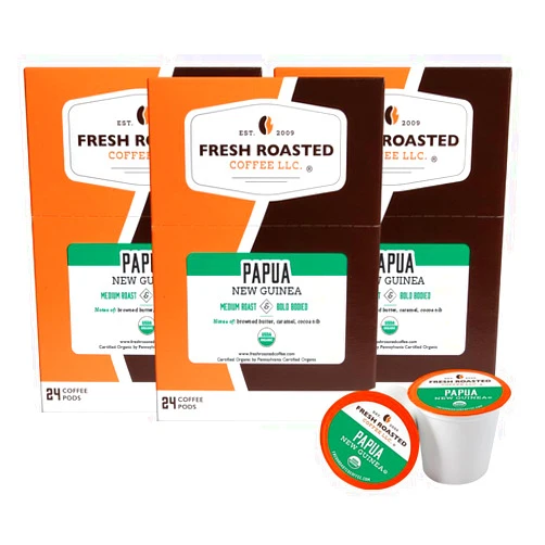 Fresh Roasted Coffee, Organic Papua New Guinea, Medium Roast, 72 Pods for K Cup Brewers