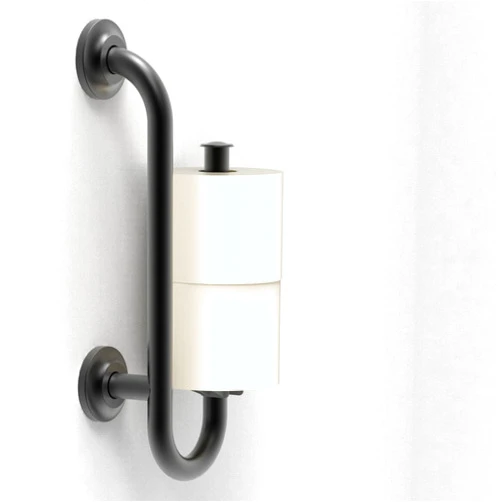 AquaChase Grab Bar with Toilet Paper Holder for Mega Rolls (Kitchen Paper Towel or Bathroom Hand Towel), 16in Stud Mount, 250lbs Weight Support, Rustproof (Left Vertical, Matte Black)