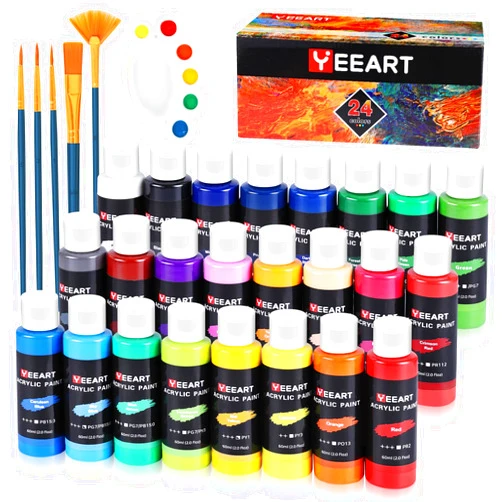 Yeeart 24 Colors Acrylic Paint Set, Yeeart Acrylic Paint, 2oz Bottles Classic Color, Rich Pigmented Canvas Paint, Professional Craft Paint Kit, Premium Non-toxic Paints for Artists, Acrylic Paint Set for Kids & Adults, Art Supplies for Canvas Painting Rocks Wood Ceramic Model with 5 Brushes & Palette