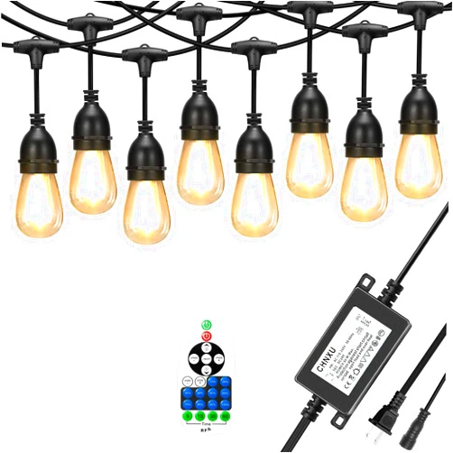 CHNXU 57ft Heavy Duty String Lights with Dimmer Transformer, 15 Sockets 17 Pack LED Vintage Glass Bulbs, Waterproof Low Voltage 24V DC, Commercial Grade Outdoor Hanging Lighting for Patio Porch Gazebo