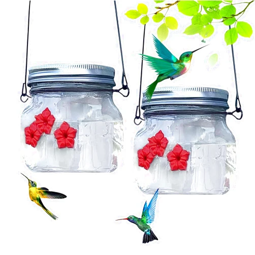 Generic Mason Jar Hummingbird Feeder for Outdoors, Hanging Glass Mason Jar Hummingbird Feeder with Three Ports, Top Fill Leak-Proof Design Easy to Use and Clean (2pcs)