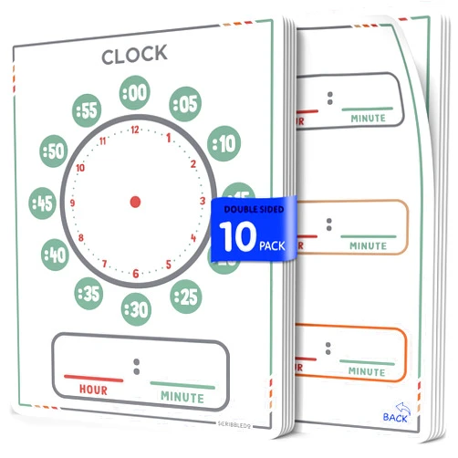 Scribbledo Telling Time Teaching Clock for Kids 9”x12” Learning Clock Dry Erase Sheets Homeschooling Supplies Learn to Tell Time Analog Clock Classroom Pack of 10 Sheets