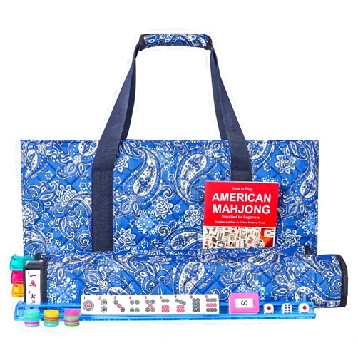 GUSTARIA American Mahjong Game Set, 166 Quality White Tiles, 4 All-in-One Color Rack/Pushers, Mahjongg Tile Set with Blue Printed Carrying Bag