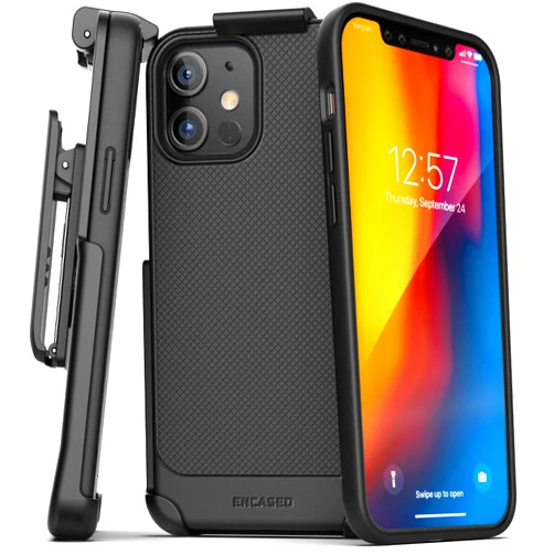 Encased Belt Case for iPhone 12 Mini - Slim Grip Cover with Holster Clip (Matte Black)