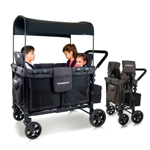 WONDERFOLD W4 Original Stroller Wagon (4 Seater) - Collapsible Wagon Stroller with Seats with 5-Point Harnesses, Easy Access Zipper Door, and Removable Sun Canopy, Black
