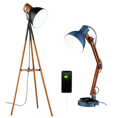 ELYONA Dimmable Tripod Floor Lamp with Table & Wood Desk Lamp with Wireless Charging & Type-C Port, Swing Arm, LED Bedside Table Lamp for Bedroom, Adjustable Reading Task Lights for College Dorm