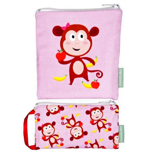 Sage Spoonfuls Snackie and Munchie Reusable Sandwich and Snack Bags - Set of 2 - Monkey - Cotton Exterior, Free of BPA, Phthalate, Lead and PVC
