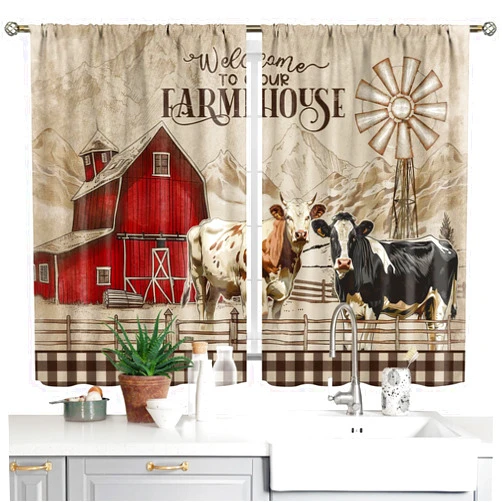 Yrivto Farmhouse Farm Kitchen Curtains Rustic Vintage Cute Animal Short Curtains for Windows Country Cow Barn Buffalo Checked Windmill Rod Pocket Small Cafe Window Treatment Drapes 2 Panels (26x36 Inch)