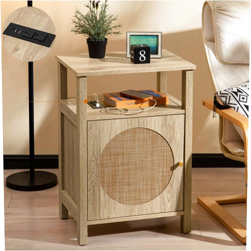 SICOTAS Rattan Wood End Table, Boho Tall Night Stand with Charging Station, Wooden Farmhouse Nightstand Bedside Table with Storage, 4-Tier Nightstands with Adjustable Shelf for Bedroom or Living Room
