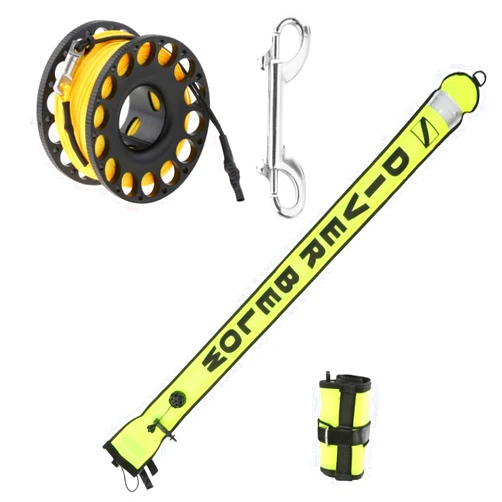 YUNNLEZT 5ft Scuba Diving Open Bottom Surface Marker Buoy (SMB) with 98ft Finger Spool Alloy Dive Reel and Double Ended Bolt Clip