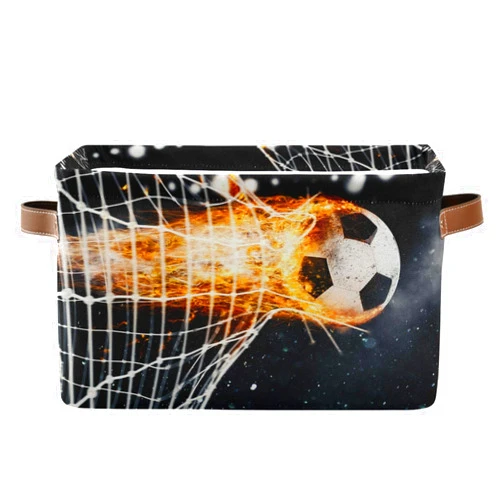 AUUXVA Storage Basket Soccer Fireball Sport Storage Cube Box Durable Canvas Collapsible Toy Basket Organizer Bin with Handles for Shelf Closet Bedroom Home Office