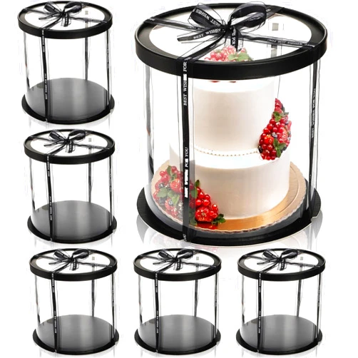 Cididu 6 Pack Clear Cake Box with Ribbon, Tall Cake Box Carrier, Tiered Transparent Cake Packaging Boxes 10x10x10 Inch, PET Round Cake Containers with Boards for Birthday Wedding Party