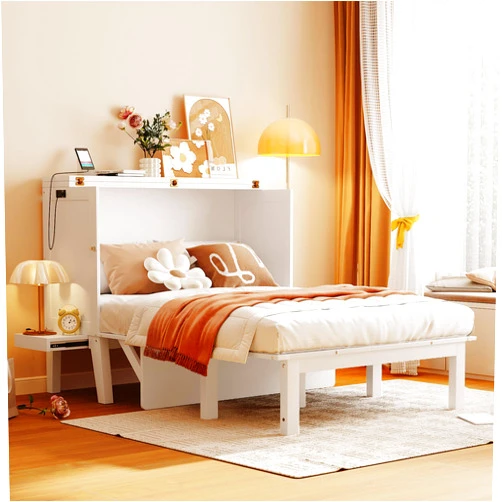 NCKMYB Murphy Bed Cabinet Full Size Wooden Murphy Bed Chest with USB Port and Desk, Murphy Cabinet Bed for Guest Room or Small Space, White