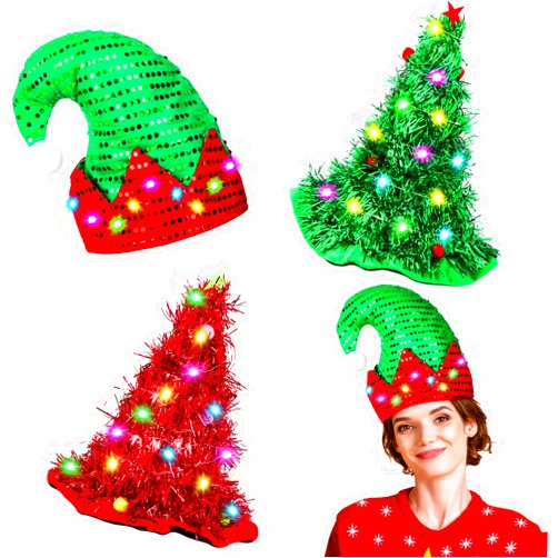 Hiwooii 3 Pack Christmas Hats Santa Hats with LED Lights Christmas Tree Elf Pants Santa Leg Funny Hats for Xmas Party Adults
