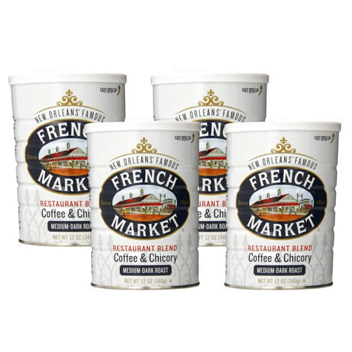 French Market Coffee, Coffee & Chicory Restaurant Blend, Medium-Dark Roast Ground Coffee, 12-Ounce Metal Can (Pack of 4)