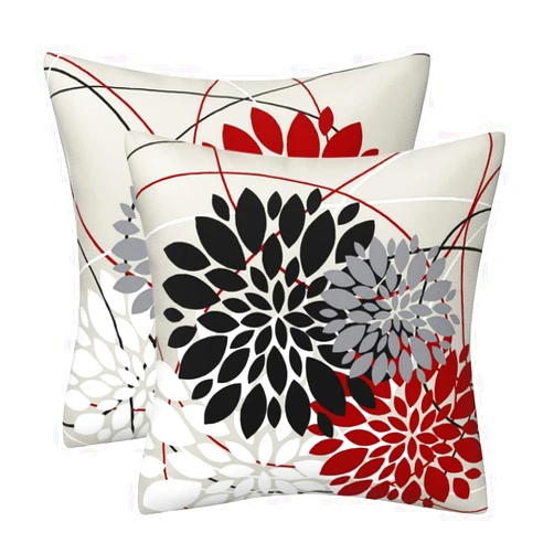 AHAHM Black Red Grey Dahlia Floral Throw Pillows Farmhouse Decorative Throw Pillow Case Indoor Outdoor Cushion Cover Autumn Winter Linen Pillowcase for Couch Living Room Bedroom 18 x 18 Inch Set of 2