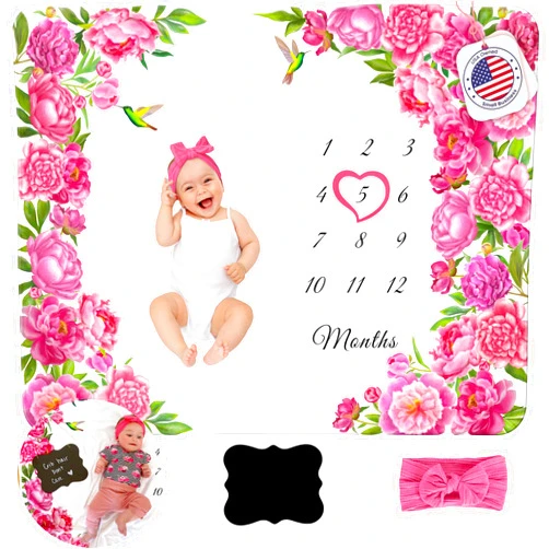 KEMINA BLANKETS Floral Baby Milestone Blanket for Girls - Includes Headband, Frame, and Personalized Board, Monthly Milestone Blanket for Baby Girl, 50x40