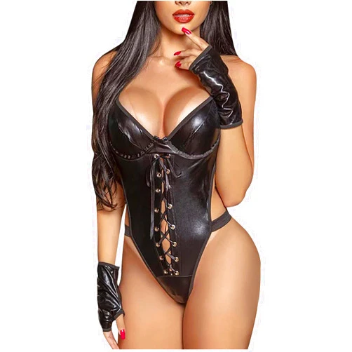 VZ2021 Women Sexy Leather Lingerie Bodysuits Leotard Skinny Solid Jumpsuit One Piece Teddy Babydoll Pajamas for Romantic