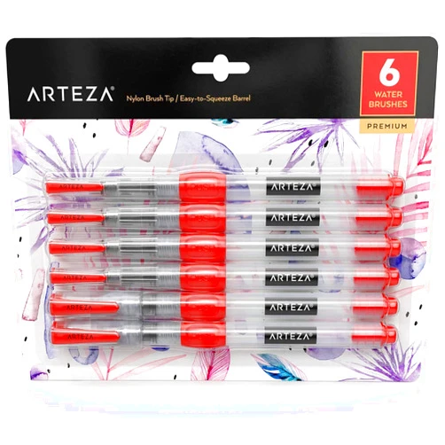 ARTEZA Water Brush Pens, Set of 6, with Assorted Soft Nylon Bristle Tip Sizes, Self-Moistening Water Color Paint Pens for Aquarelle, Ink, and Watercolor Painting