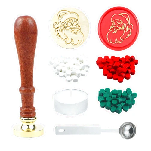 KENJOVIVO Christmas Wax Seal Stamp Kit, Christmas Seal Wax Stamps with Wooden Handle, 120Pcs Wax Seal Beads,Wax Melting Spoon and Candles, Vintage Wax Stamp Seal Kit Decoration (Santa Claus Style)