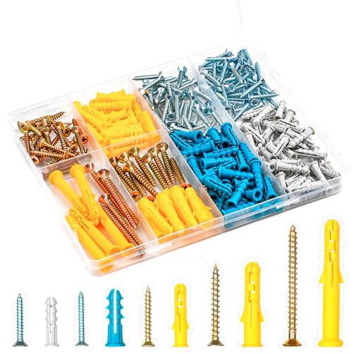 KURUI Drywall Anchors and Screws Assortment Kit 270PCS, 135 Plastic Wall Anchors and 135 Philips Flat Head Screws, 5 Sizes Galvanized Screws and Wall Plug Bolts with Organizer Box