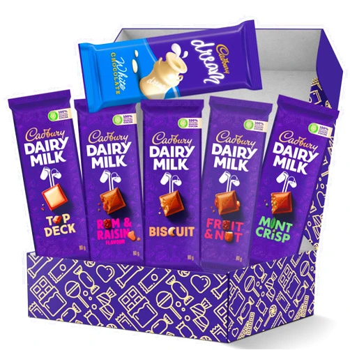 Treats from Home Cadbury Slabs Chocolate Box 6-Piece Assortment of Premium Cadbury Slabs Including Fruit & Nut, Rum & Raisin, Mint Crisp, Top Deck, Dream Biscuit, and Biscuit – Indulgent Chocolate Gift for Any Occasion