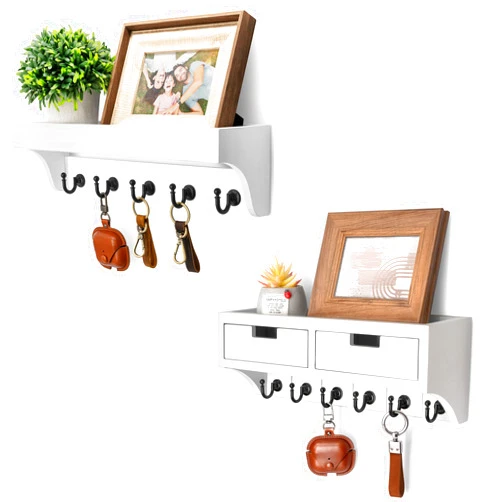 Rebee Vision Decorative Key Holder Wall Mount with 2 Drawer Organizer and Floating Shelf Combo - Effortless Home Organization Key Holder for Wall - Ideal for Room Decor (Modern White)