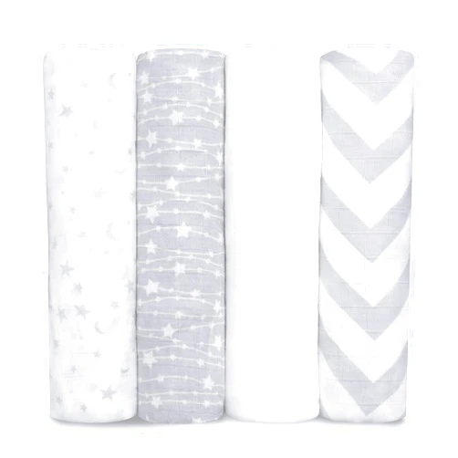 Comfy Cubs Muslin Swaddle Blankets (Pack of 4) - 47” x 47”, Soft Cotton Baby Blanket Set, Large Swaddling Wraps for Newborns - Self-Soothing Baby Swaddle - (Grey)