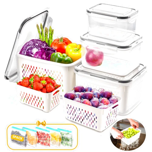 AOSION 8 Pieces Fruit Storage Containers For Fridge, Large Produce Saver Berry Lettuce Containers for Refrigerator Organizers Bins with 5 PCS Food Storage Bags