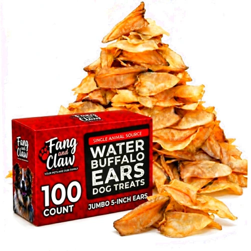 Fang and Claw 100 Count Water Buffalo Ears for Dogs, Bulk Pack, Jumbo 5-Inch - Pig Ear & Rawhide Alternative, Single-Ingredient Grass-Fed Long-Lasting Natural Dog Chews for Aggressive Chewers