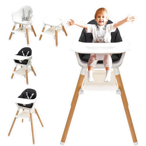 Mole Bean 6 and 1 Wooden High Chair, High Chairs for Babies and Toddlers, Baby Highchairs with Adjustable Legs & Dishwasher Safe Tray,5-Point Harness, PU Cushion and Footrest for Baby, Girl, Toddlers (Black)