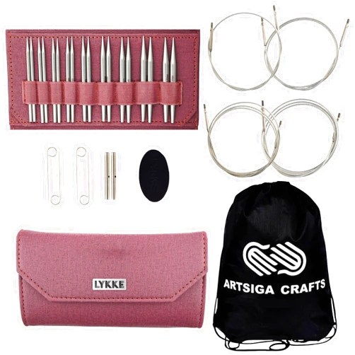 Lykke Flight 3.5 in. Standard Set US Sizes 3, 4, 5, 6, 7, 8, 9, 10, 10.5 Interchangeable Circ. Knitting Needles for Sport, DK, Worsted Yarn, Stainless Steel, 4 Swivel Cords, Maroon Case, Project Bag