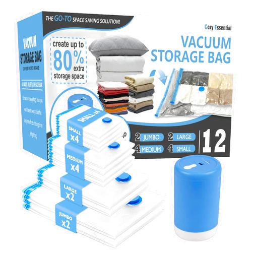 Cozy Essential 12 Pack Travel Vacuum Storage Bags with Portable Electric Pump, Vacuum Seal Space Saver Bags for Clothing, Vacuum Travel Bags for Luggage