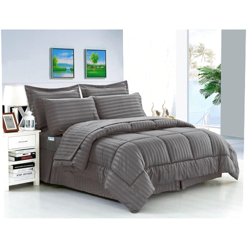 Elegant Comfort Wrinkle Resistant - Silky Soft Dobby Stripe Bed-in-a-Bag 8-Piece Comforter Set - King Grey