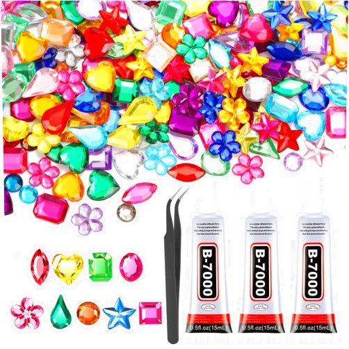 Anezus 900Pcs Jewels for Bedazzling with 3 Pack B7000 Jewelry Glue, Flat Back Craft Gems Rhinestones for Clothing, Sequins Rhinestones Gemstones for Fabric, Decoration