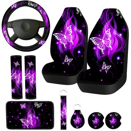 Frienda 10 PCS Car Seat Covers for Women Butterfly Car Accessories Car Interior Seat Covers with Steering Wheel Cover, Wrist Strap, Car Coasters, Armrest Pad, Shoulder Pad, Key Chain
