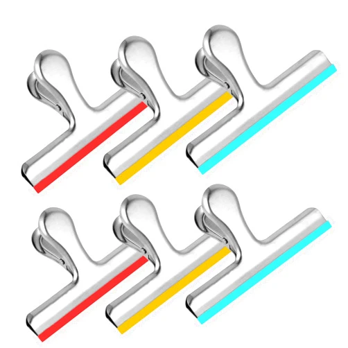 HOUSE AGAIN 6 Pack Stainless Steel Chip Bag Clips Covered with Colorful Silicone - NO More Sharp Edges - Color Coded for Food Bags - Air Tight Seal, Heavy Duty for Kitchen and Office, 5 Inches-Silver