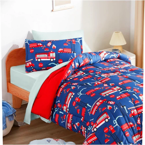 SLEEP ZONE Kids Bedding Comforter Set Full/Queen Size - Super Soft & Cute Printed 3-Piece Comforter Set All Seasons for Boys, Girls, Fade Resistant, Machine Washable, Fire Truck