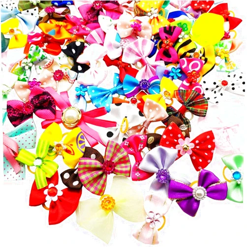 Hixixi 50pcs/pack Pet Cat Dog Hair Bows Multicolor Rhinestone Beads Flowers Topknot With Rubber Bands Puppy Hair Accessories Mix Color Random