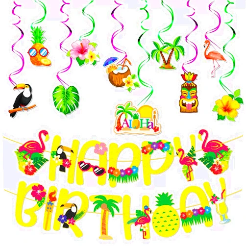 KUNGOON Hawaiian Luau Birthday Party Decorations Kit, Gold Glitter Happy Birthday Banner with Tropical Flamingo, Pineapple, Palm Tree, Tiki Designs,for Summer Party Decorations Supplies.