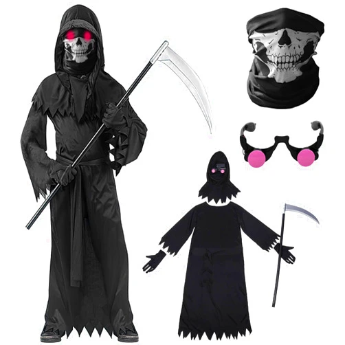 Mprocen Kids Grim Reaper Costume Set for Boy Girl Horror Robe with Red Eyes Scythe Gloves Scary Ghost Cosplay Halloween Party