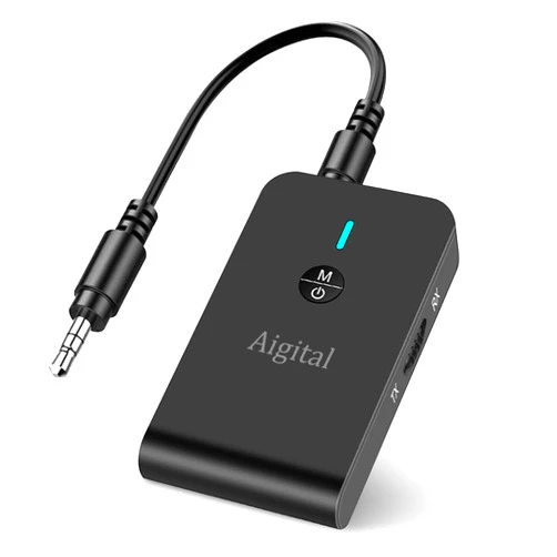 Aigital Bluetooth Transmitter for TV PC, 2 in 1 Bluetooth Audio Adapter Music Receiver (3.5mm Jack Cable, Low Latency,Built-in Microphone) Wireless Transmitter for Home Stereo/Car/Airplane/Boat/Gym/MP3/MP4